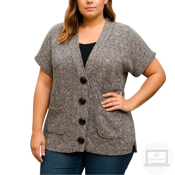 Lane Bryant Womens Cardigan Sweater Snap Front Short Sleeve Gray Marled Size 18 - Picture 1 of 10